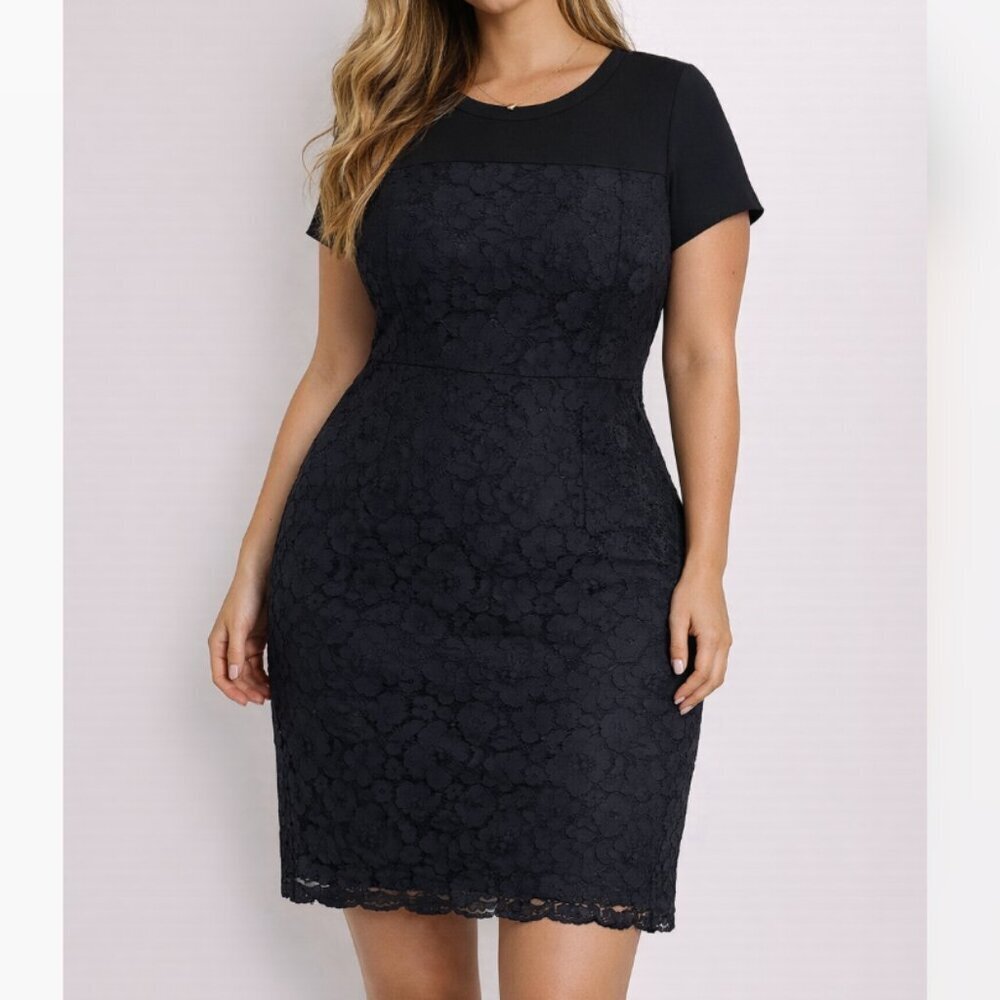 Lark & Ro Black Floral Lace Overlay Sheath Dress Short Sleeve Size 12 Night Out
